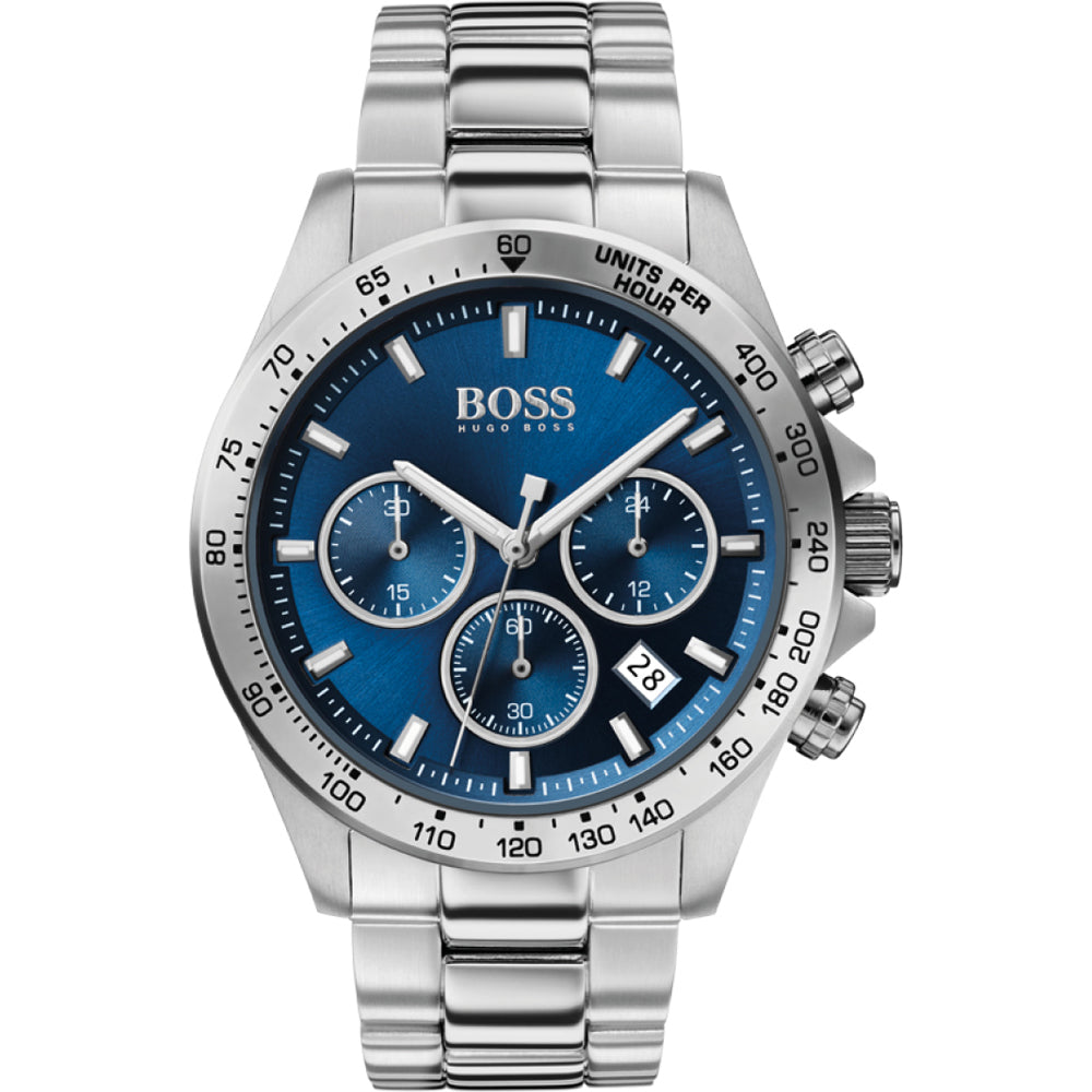 Hugo Boss silver stainless steel chronograph watch with blue dial and subdials