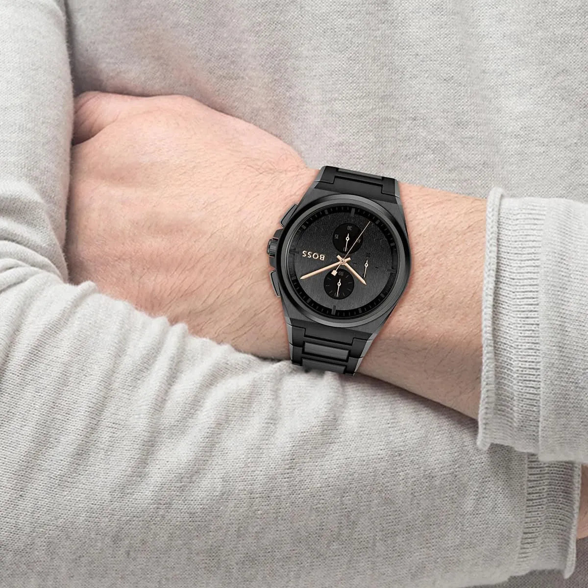 Hugo Boss Steer watch strap detail with metal bracelet and clasp