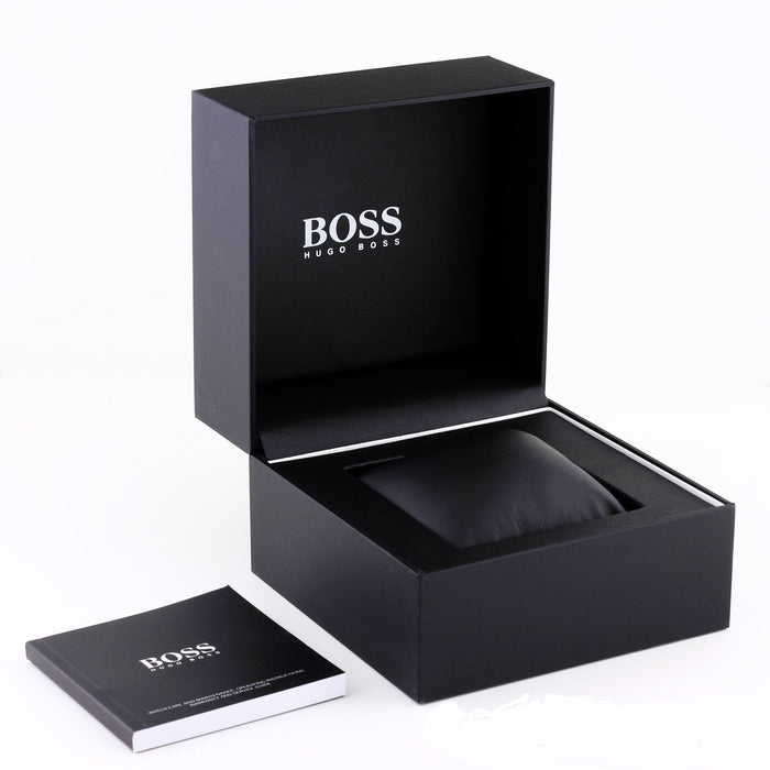 Hugo Boss Trace watch packaging with black presentation box and documentation