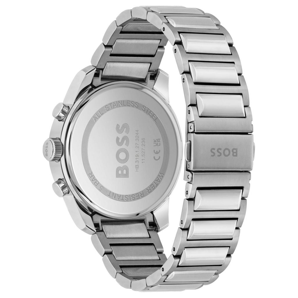 Hugo Boss Trace watch caseback showing stainless steel case with engraved BOSS branding