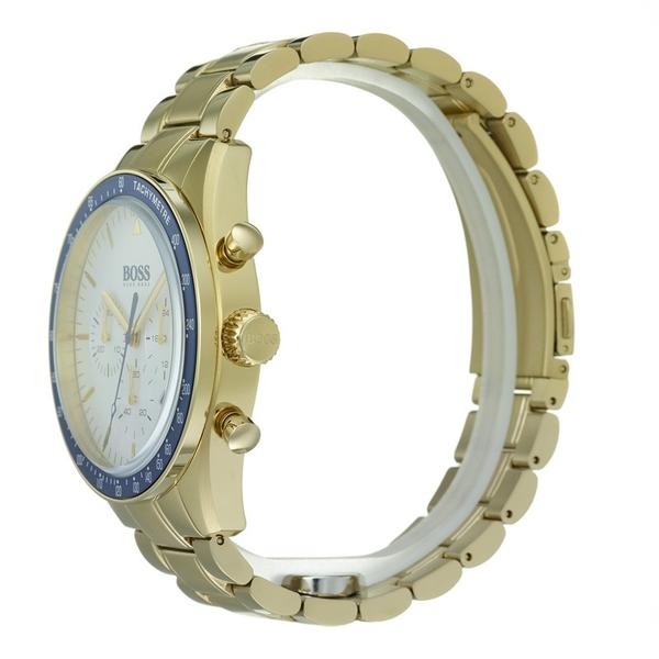 Side profile of Trophy chronograph watch showing gold link bracelet and case details