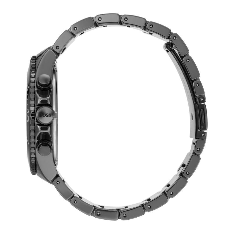 Angled view of black steel bracelet showing link construction and BOSS branding