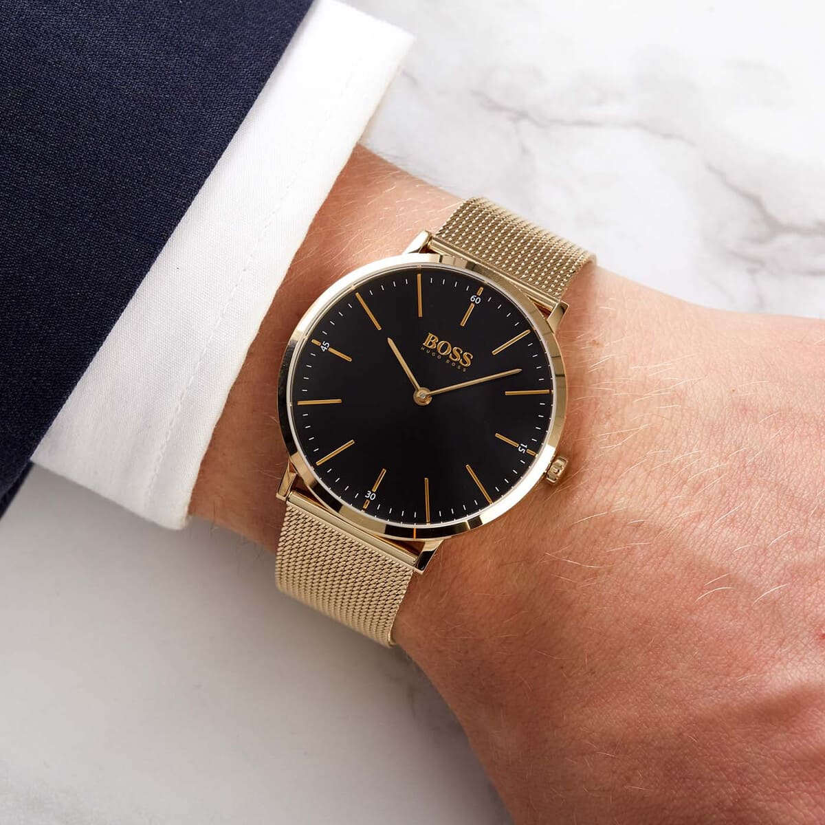 Hugo Boss Horizon Black Dial Gold Tone Band Men's Watch 1513735