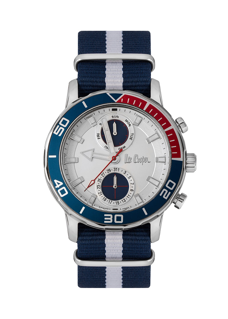 Lee Cooper multi-function chronograph watch with white dial and blue/white striped NATO strap