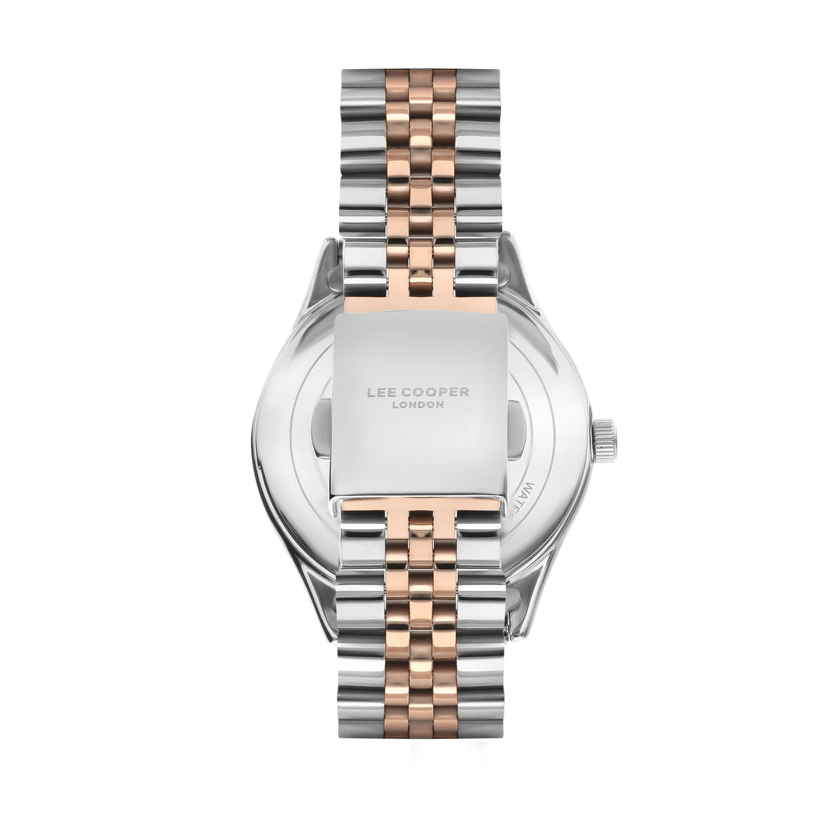 Lee Cooper watch caseback showing metal bracelet and silver case with rose gold accents