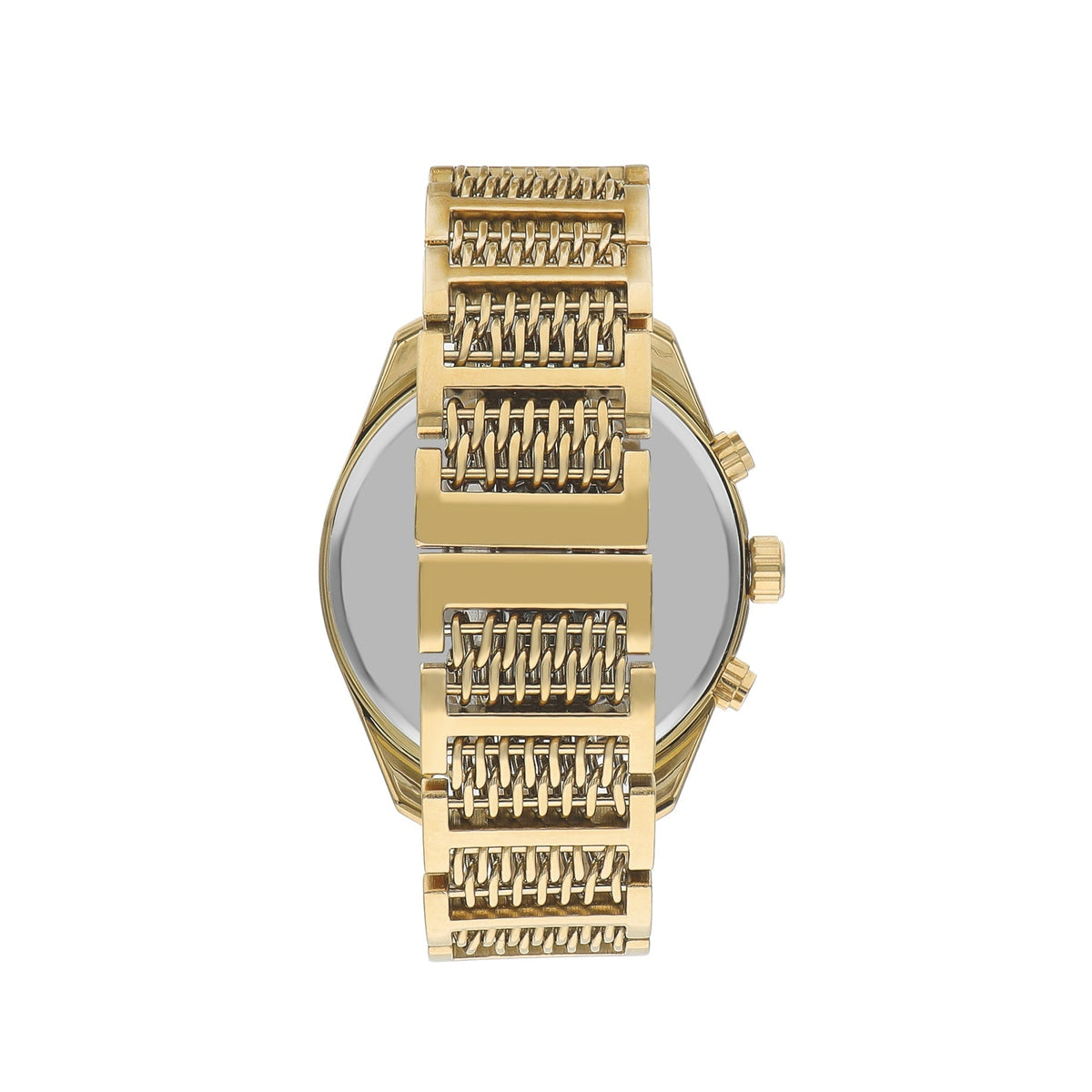 Lee Cooper gold chronograph watch displayed from back showing stainless steel bracelet