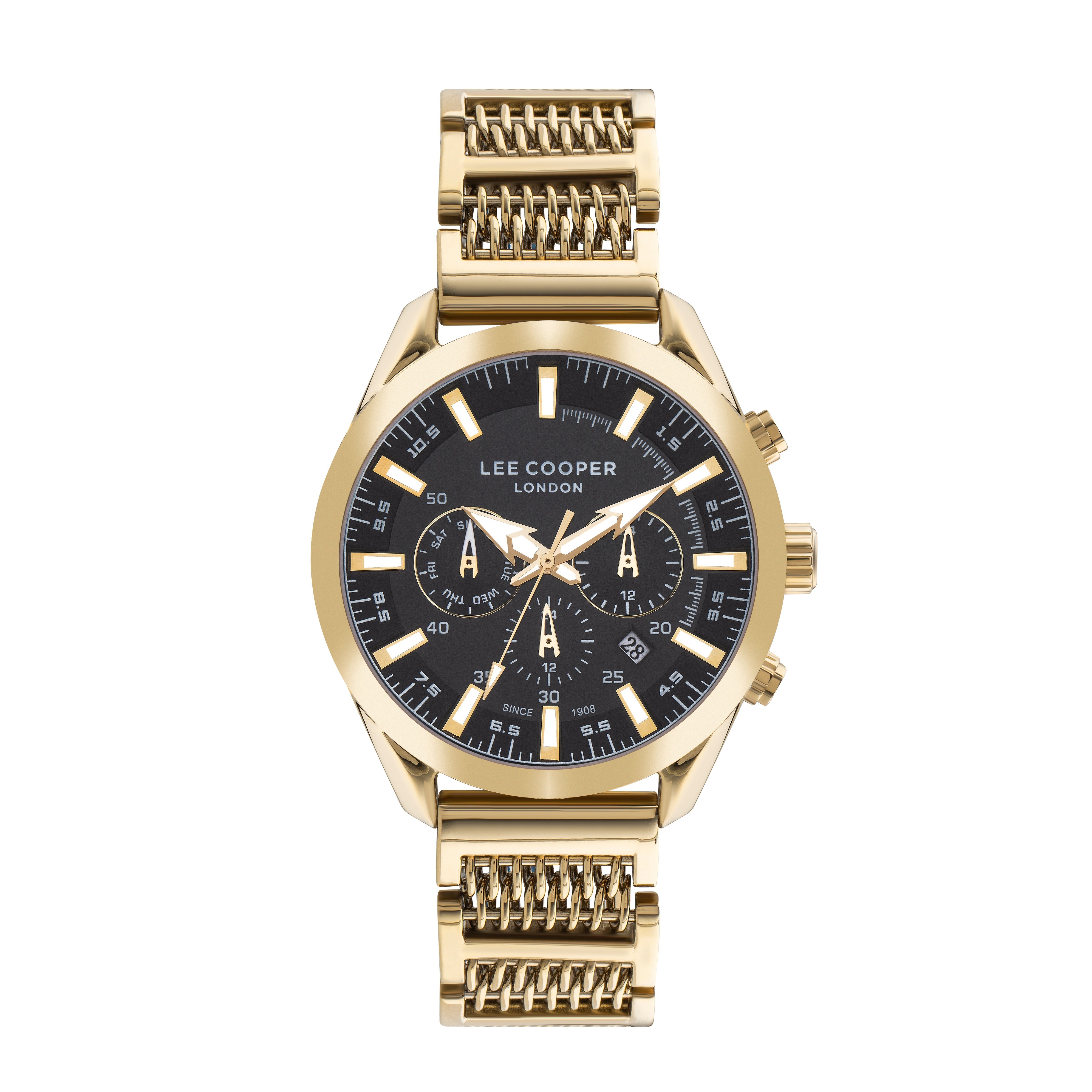 Lee Cooper gold chronograph watch with black dial and gold stainless steel bracelet