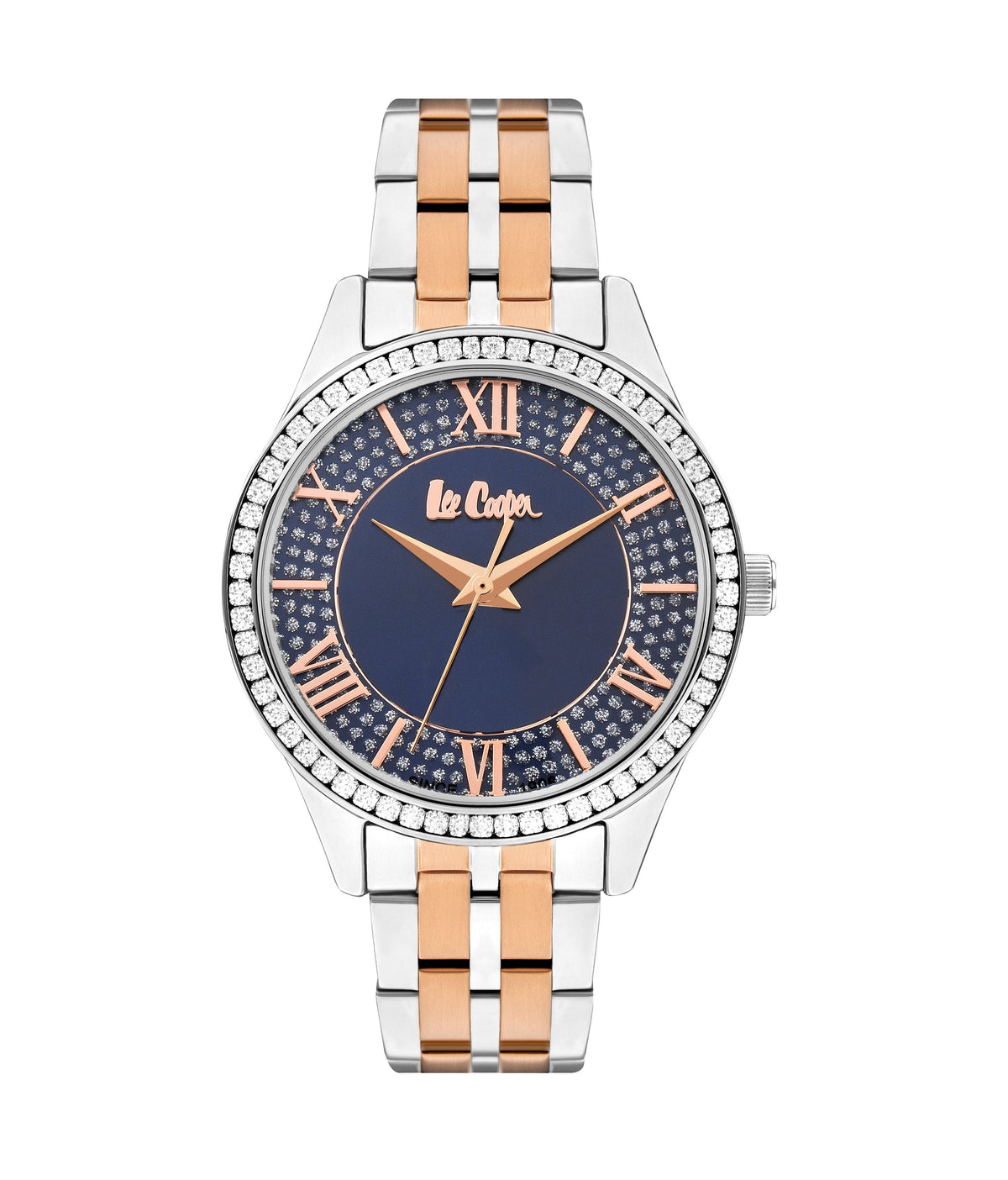 Lee Cooper women's 34mm blue dial watch with two-tone silver and rose gold metal strap