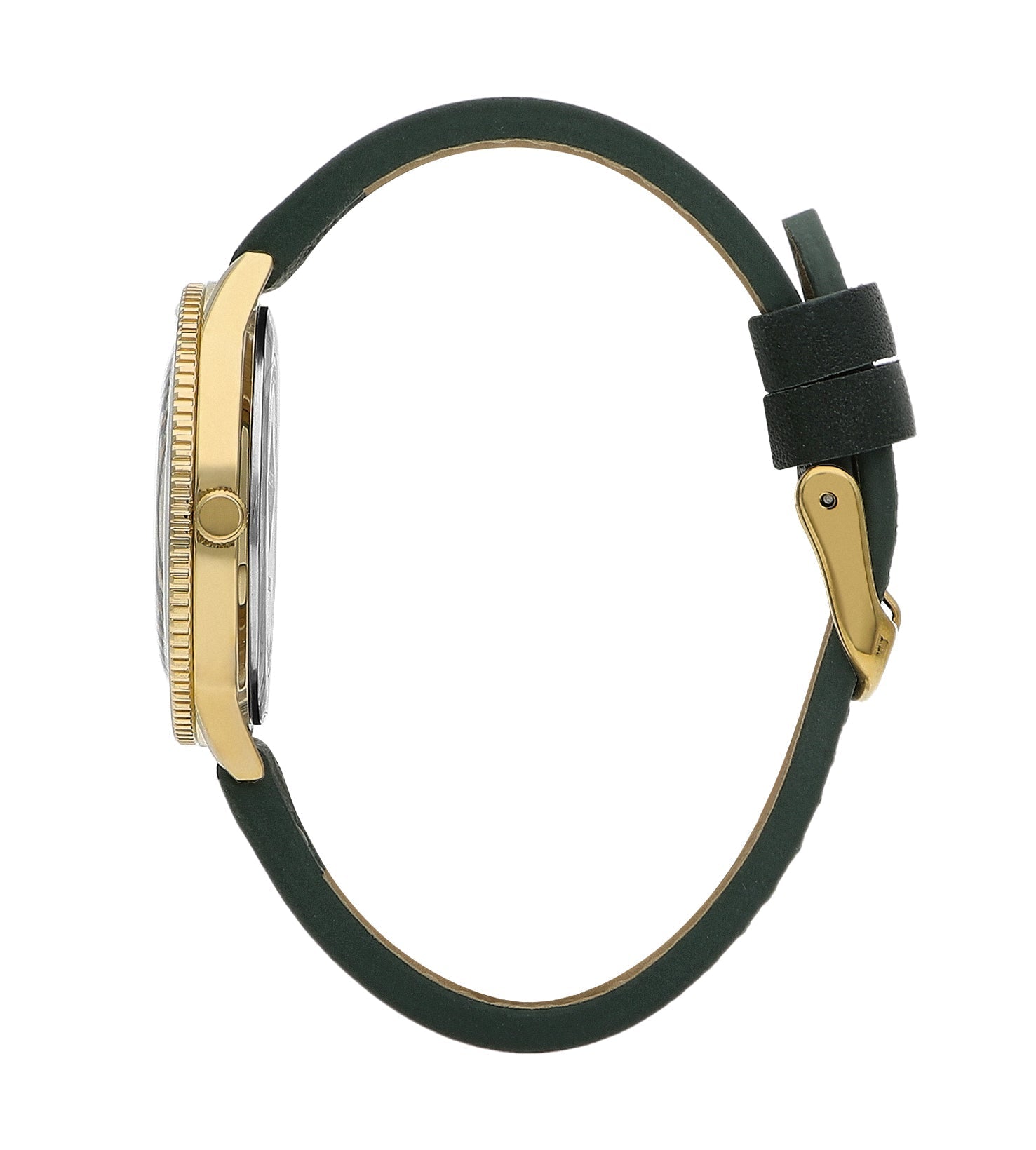 Lee Cooper LC07932.177 watch side profile showing gold-tone case and green leather strap