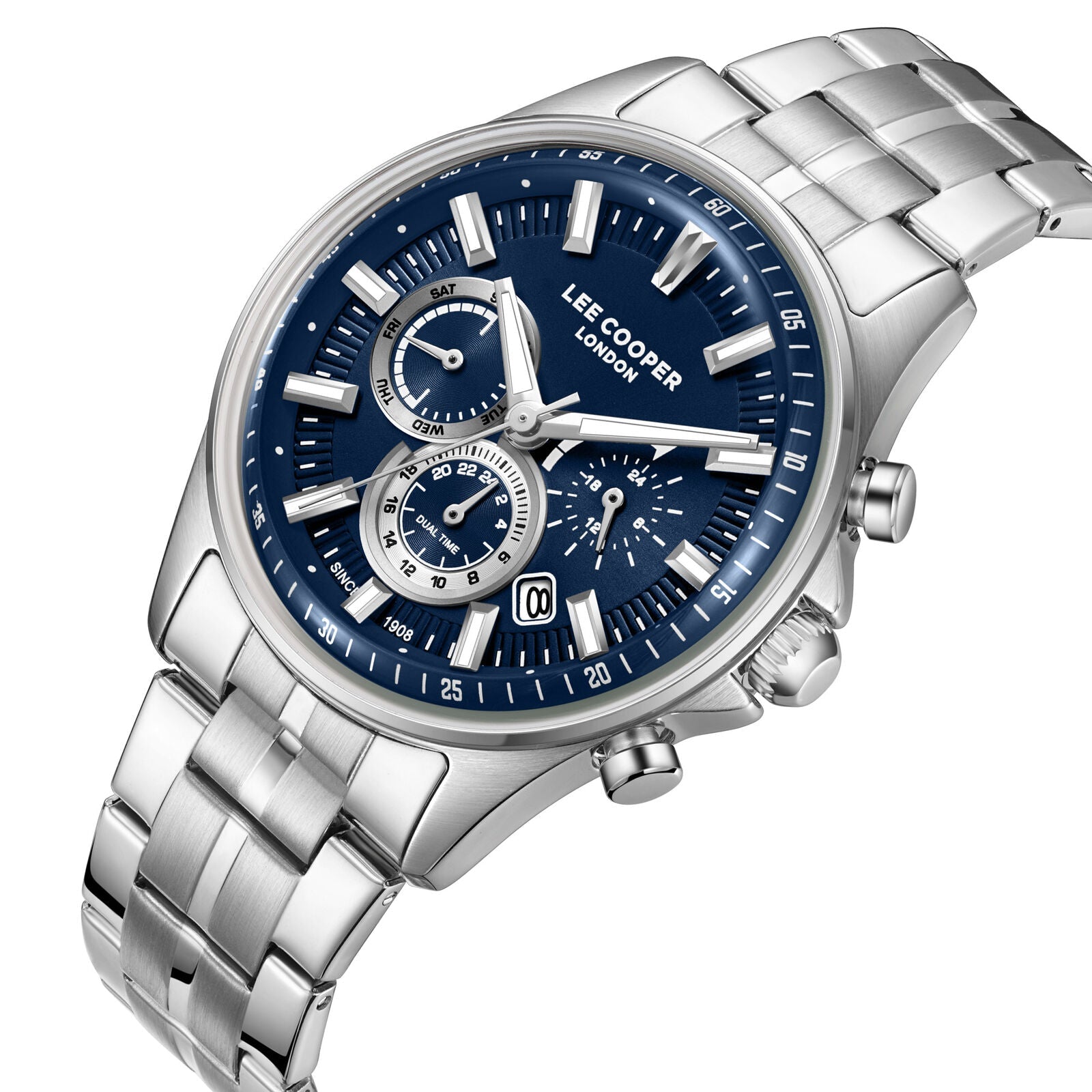 Lee Cooper multifunction watch with blue dial shown at three-quarter angle with bracelet