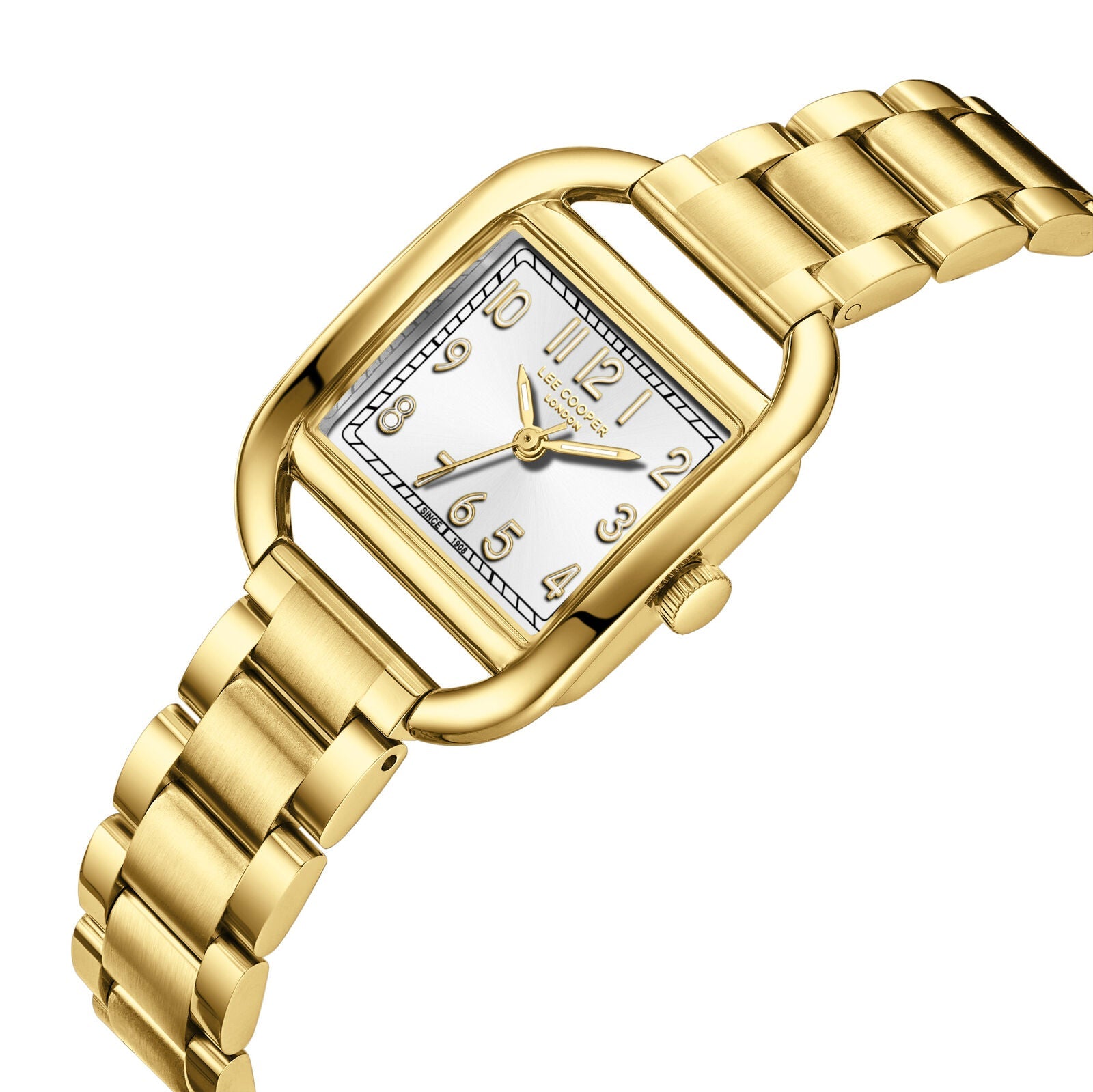 Lee Cooper square watch at angle showing white silver dial with Arabic numerals