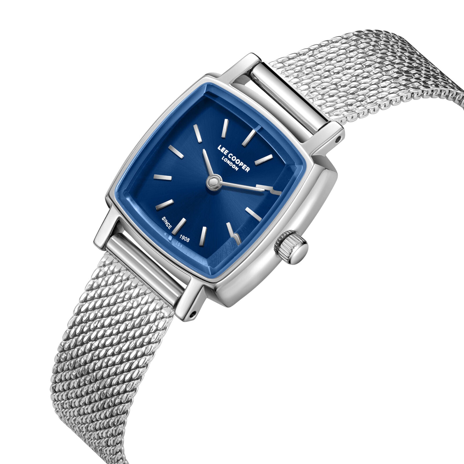 Lee Cooper square watch shown at an angle with mesh strap detail