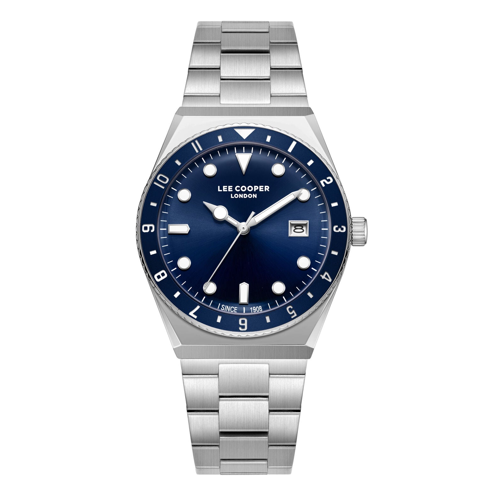 Lee Cooper Business watch with blue dial, white hour markers, date window, and silver bracelet