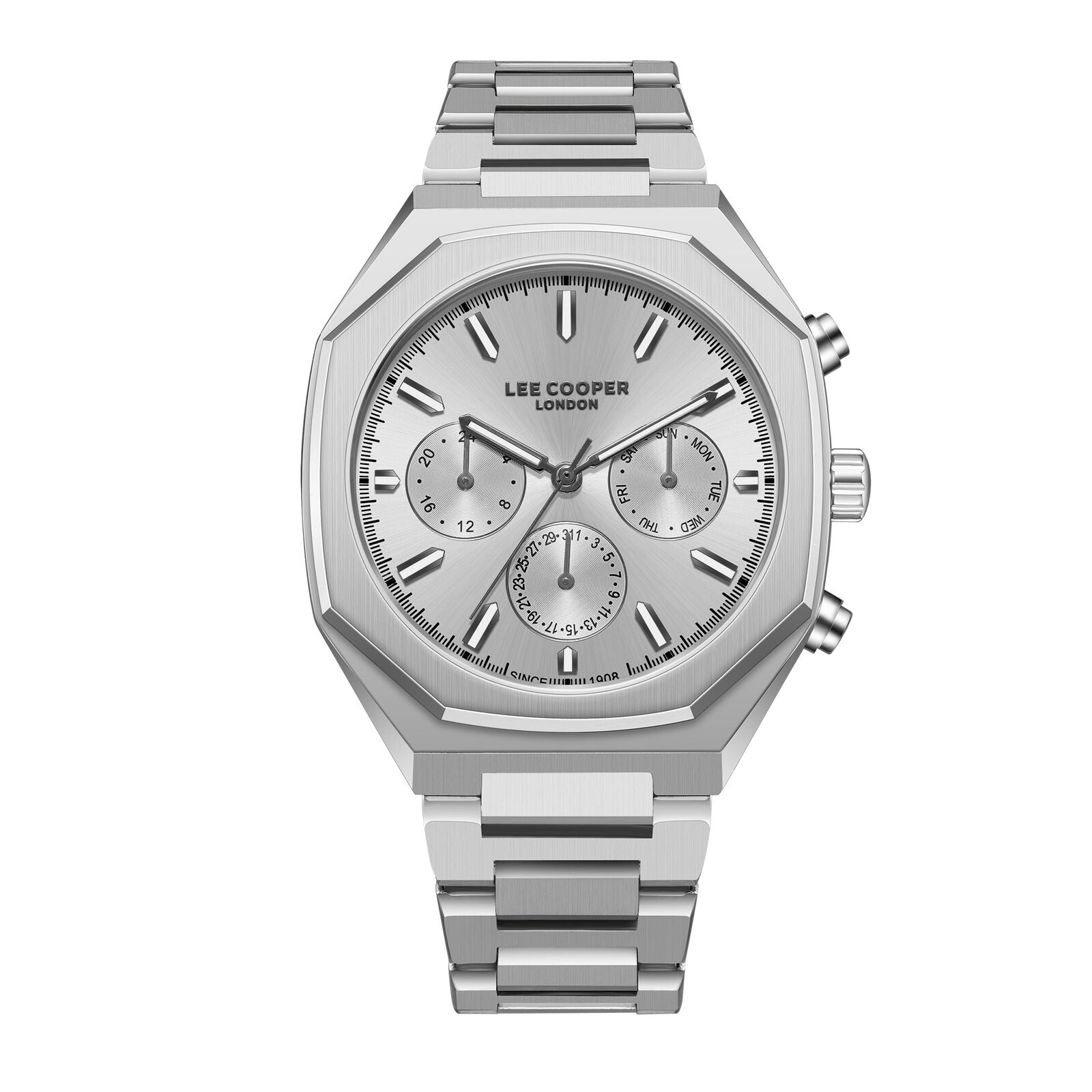 Lee Cooper Malo all-silver multifunction chronograph watch with octagonal case and three subdials