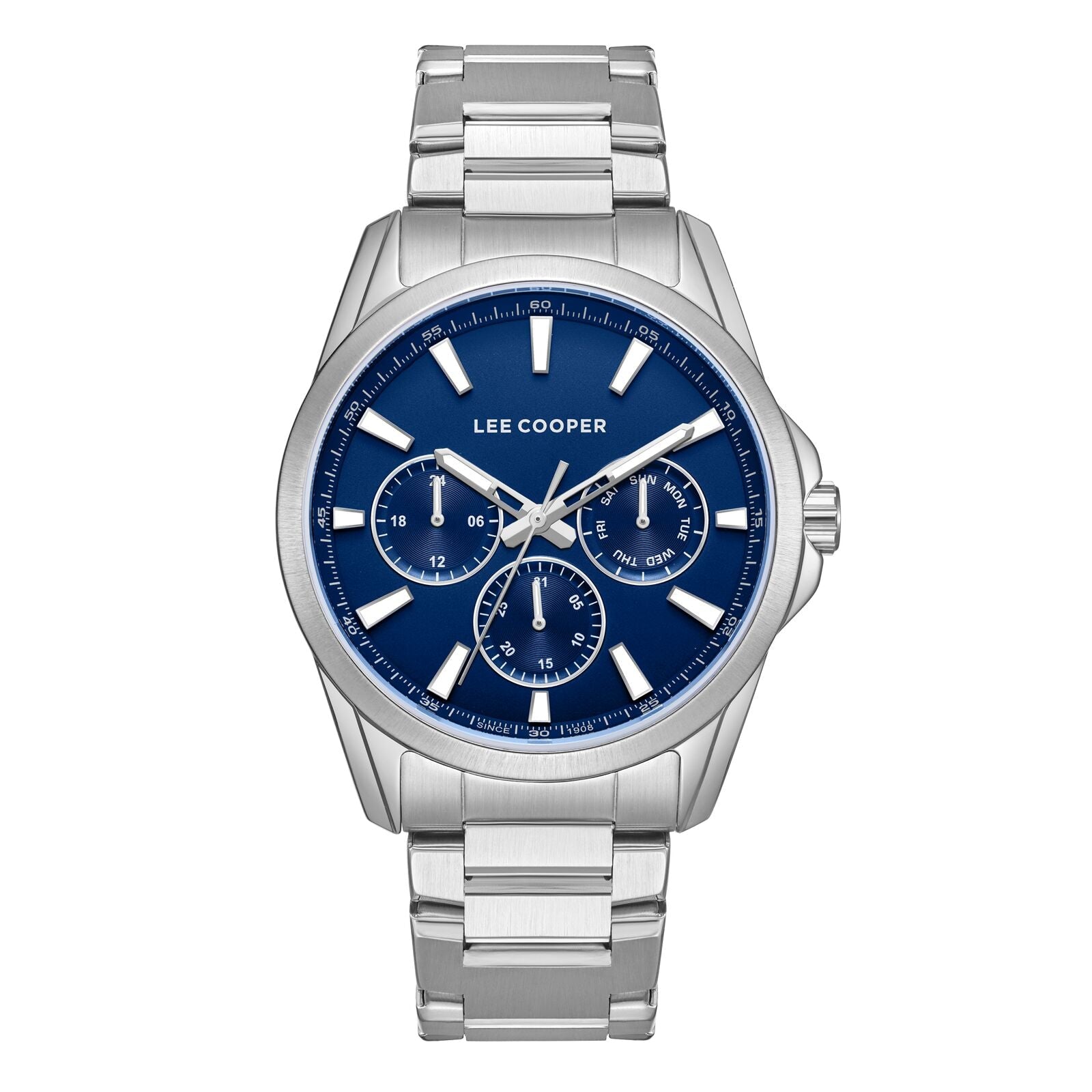 Lee Cooper Malo multifunction chronograph watch with blue dial and silver stainless steel case