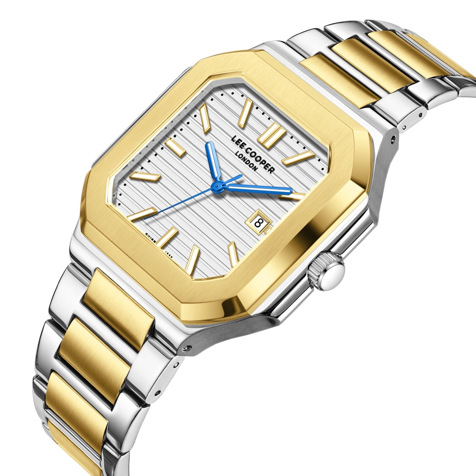 Lee Cooper Maxime watch angled view showing two-tone bracelet and gold square case