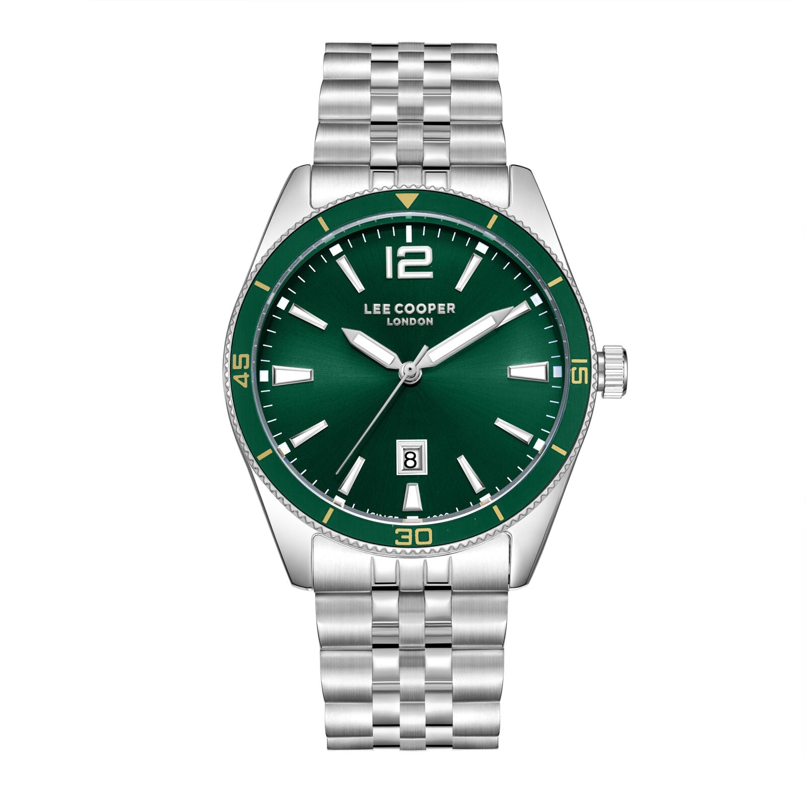 Lee Cooper Oswin watch with green dial, silver stainless steel case and bracelet, date window