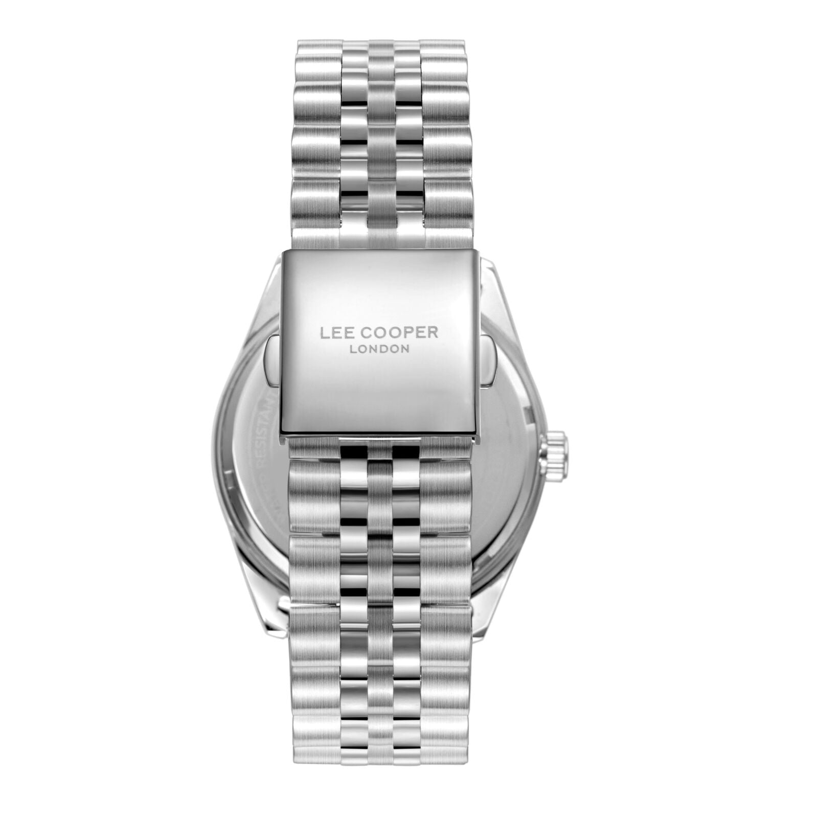 Caseback view of Lee Cooper Simon watch showing engraved Lee Cooper London branding
