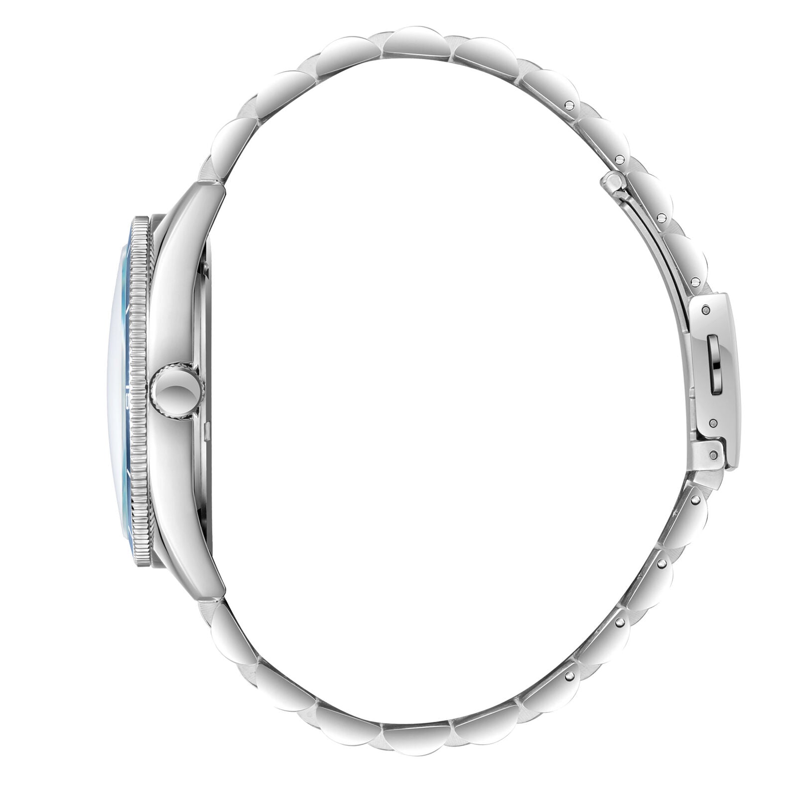 Side profile view of Lee Cooper Simon watch displaying case thickness and silver steel band