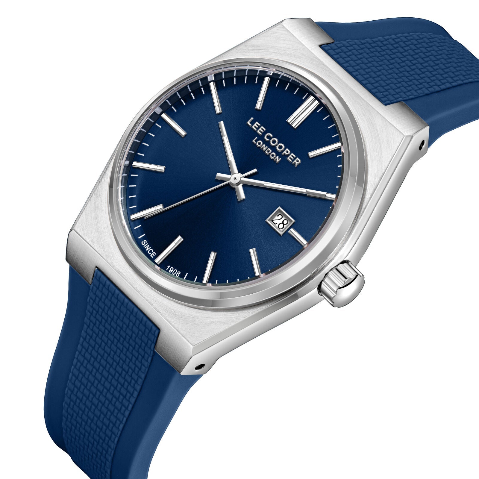 Lee Cooper Zane watch angled view showing dial and blue silicone strap