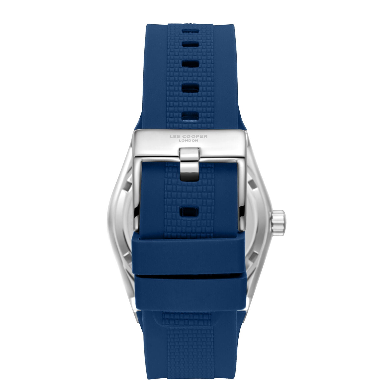 Lee Cooper Zane watch caseback displaying silver case and blue silicone strap