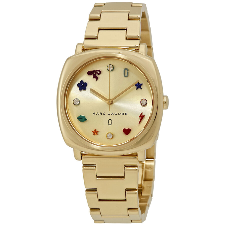 Marc Jacobs Mandy gold steel watch with gold dial and colorful symbol hour markers