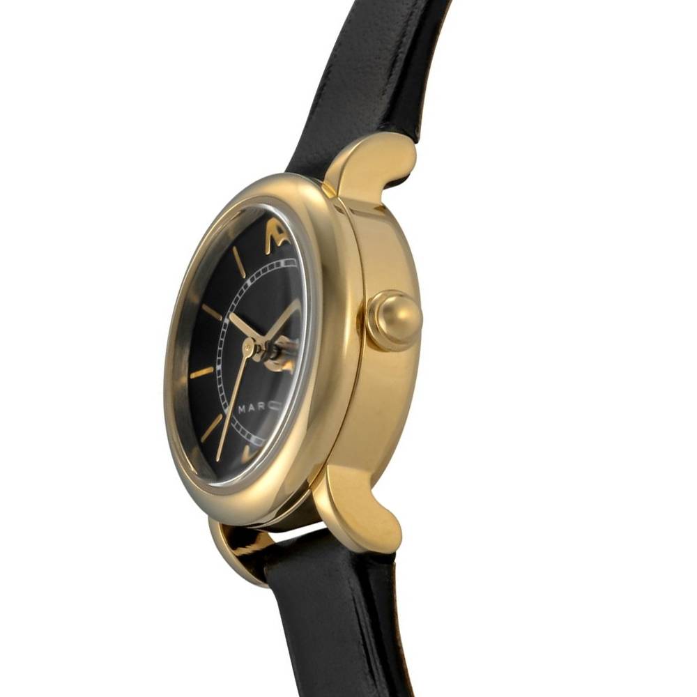 Marc Jacobs Classic watch side view showing gold-tone case and black leather strap