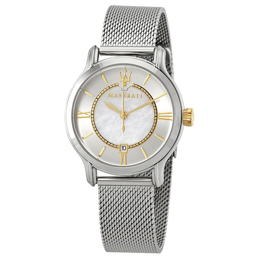 Maserati Epoca ladies watch with mother of pearl dial, gold-tone hands and indices on silver mesh strap