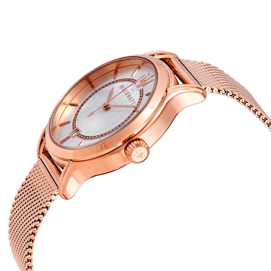 Side angle view of Maserati Epoca ladies watch showing rose gold case and mesh bracelet
