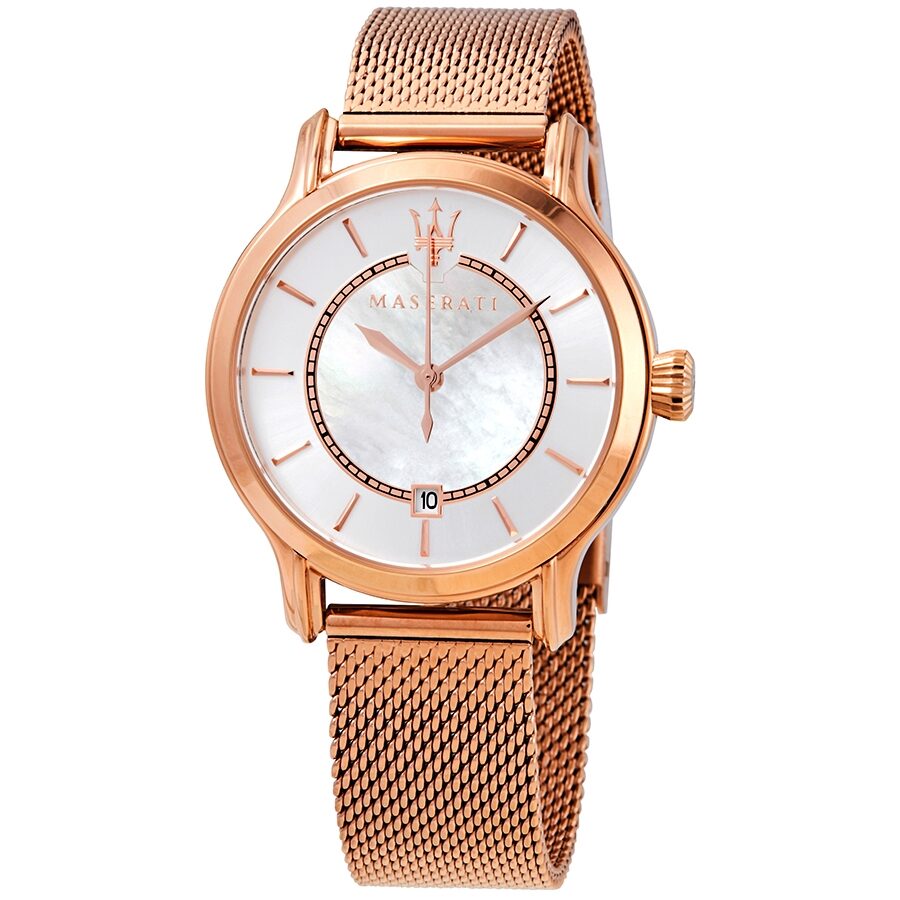 Maserati Epoca quartz ladies watch with silver mother of pearl dial and rose gold mesh bracelet