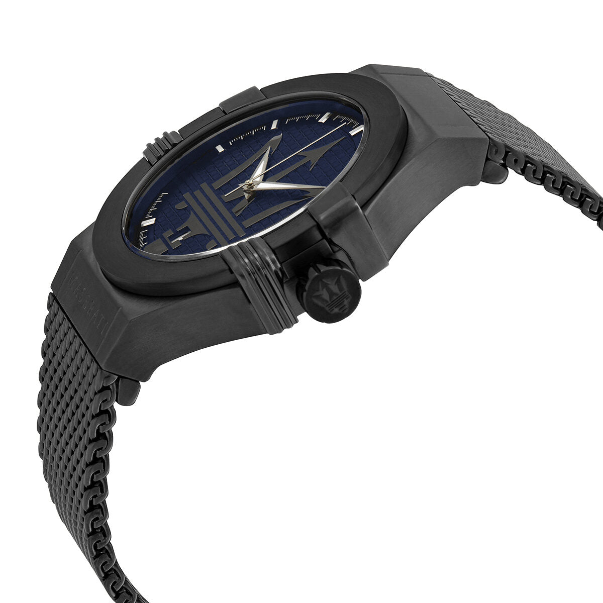 Side angle view of Maserati Potenza watch showing blue dial and black mesh strap