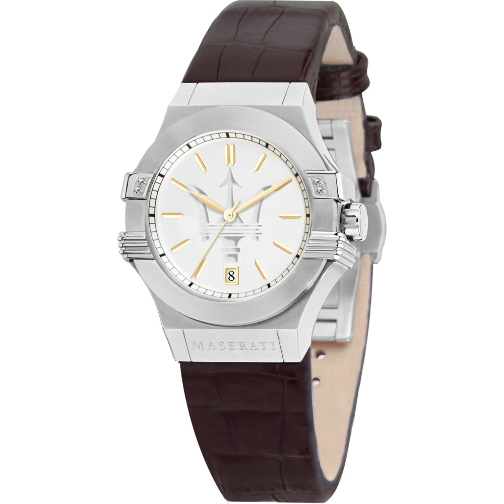 Maserati Potenza Silver Dial Brown Leather Ladies Watch R8851108506 - Watch