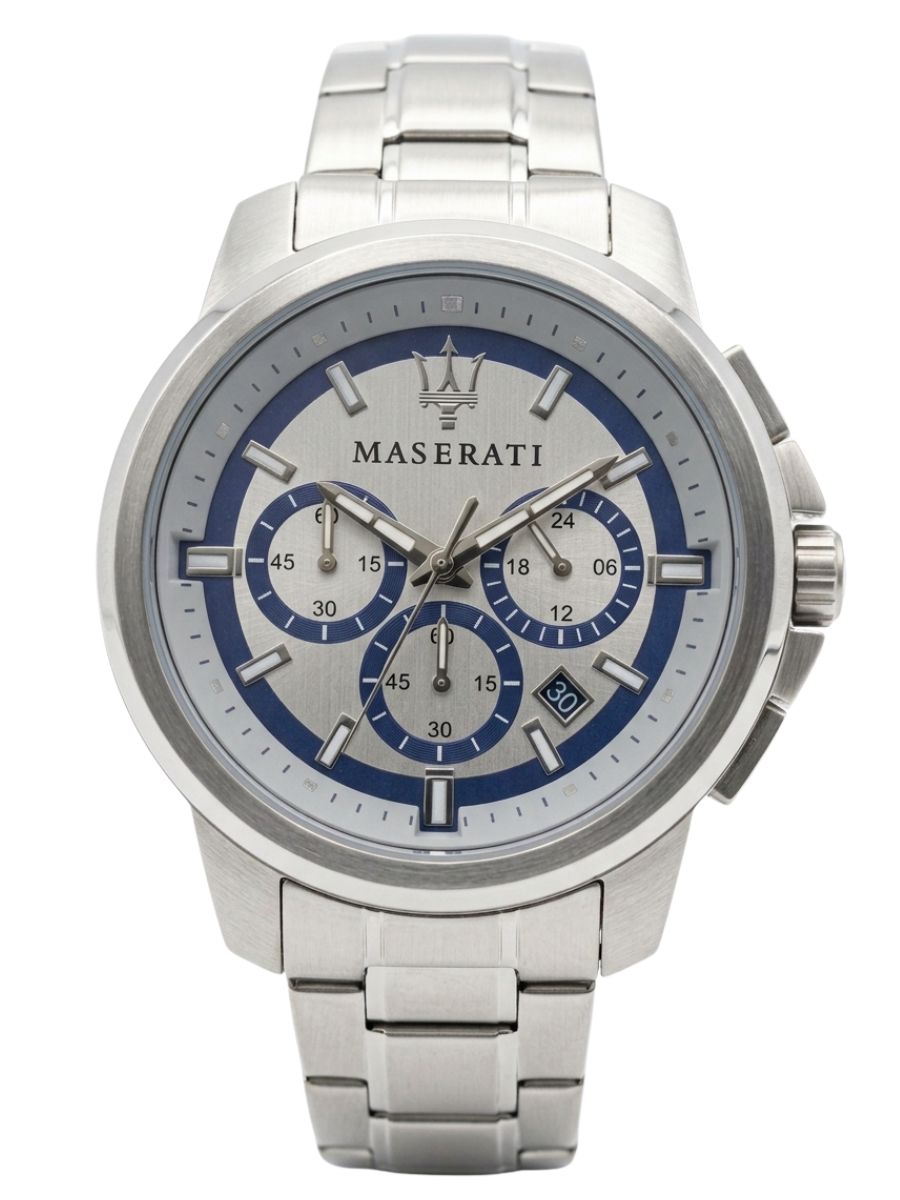 Maserati Successo chronograph silver dial men's watch with blue subdials and stainless steel case