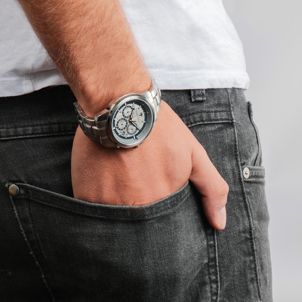 Maserati Successo chronograph watch worn on wrist showing dial and stainless steel bracelet
