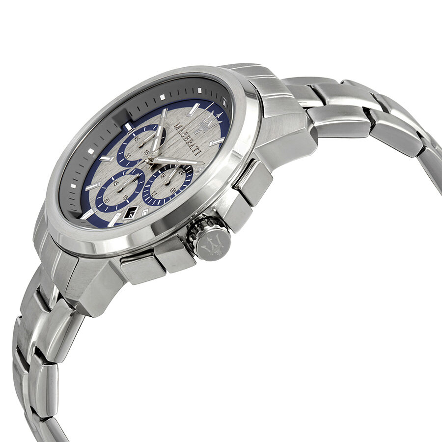 Side view of Maserati Successo chronograph showing stainless steel case profile and bracelet