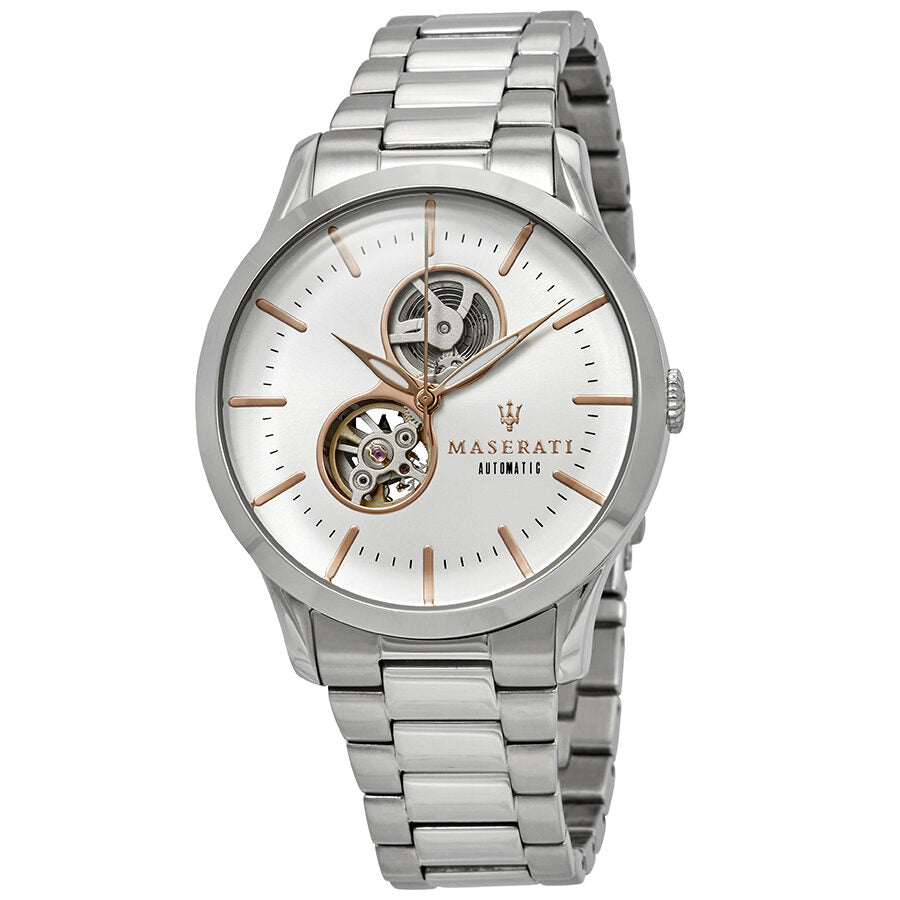 Maserati Tradizione automatic white dial men's watch with stainless steel bracelet and dual open heart windows