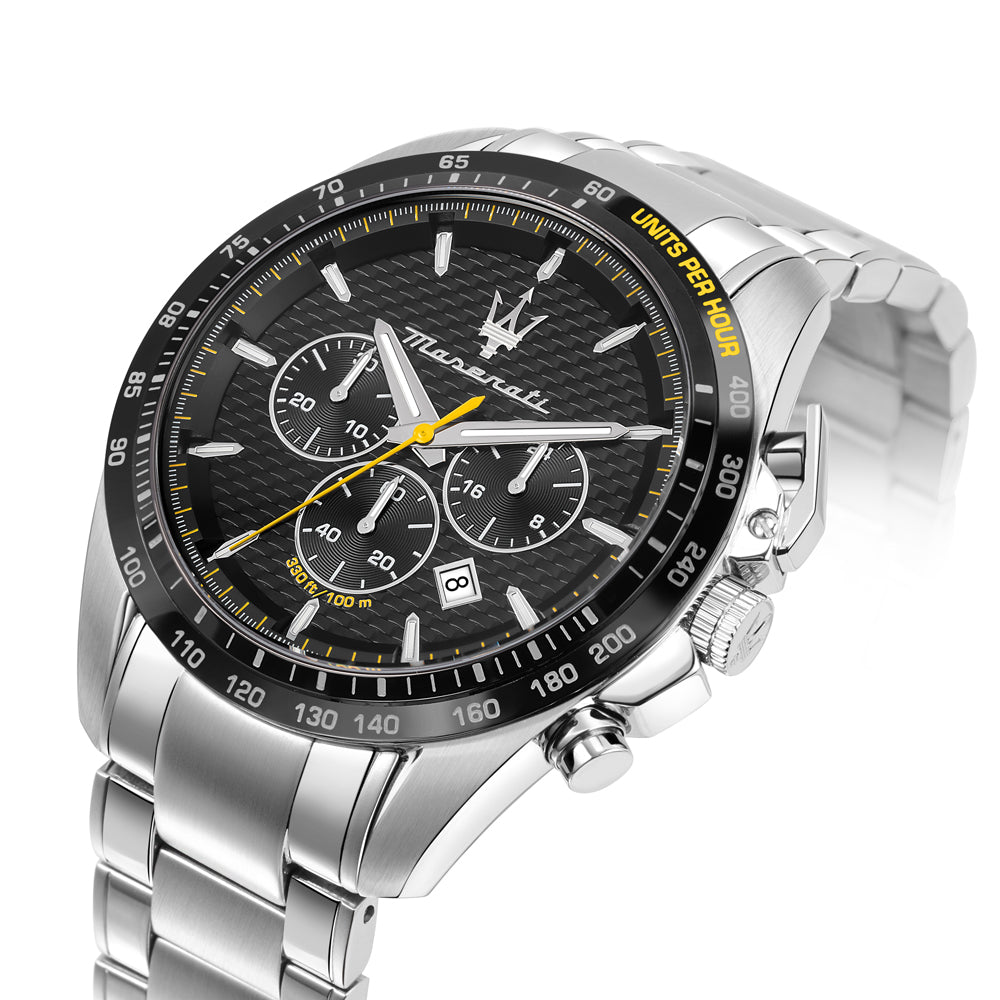 Maserati Traguardo silver watch angled view showing chronograph subdials and yellow hour hand