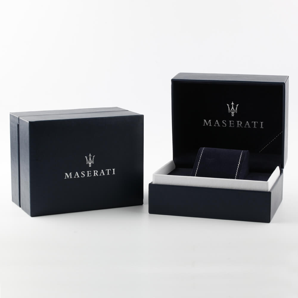 Maserati Traguardo watch presentation with black branded box and protective case