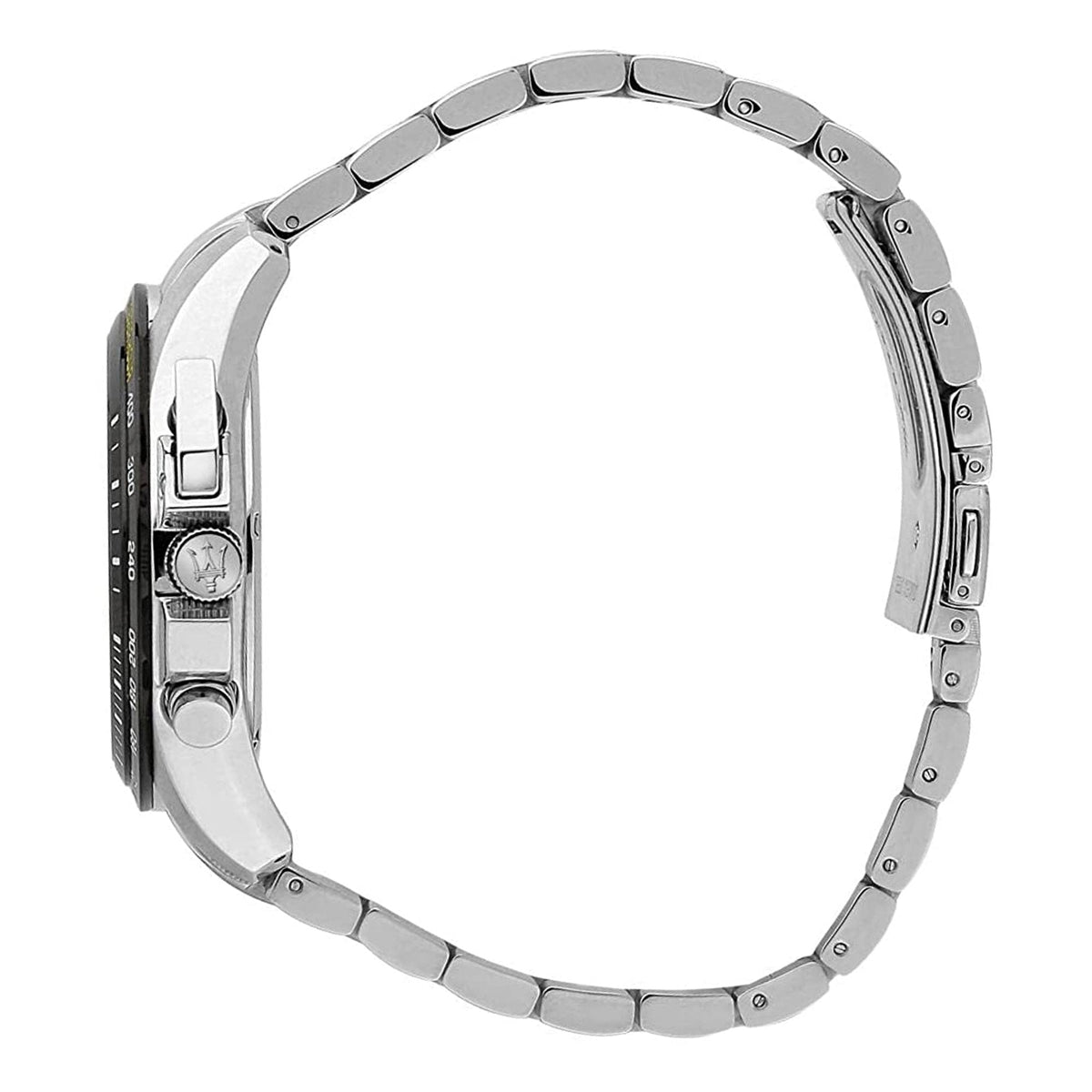 Maserati Traguardo silver watch side profile showing stainless steel bracelet and case