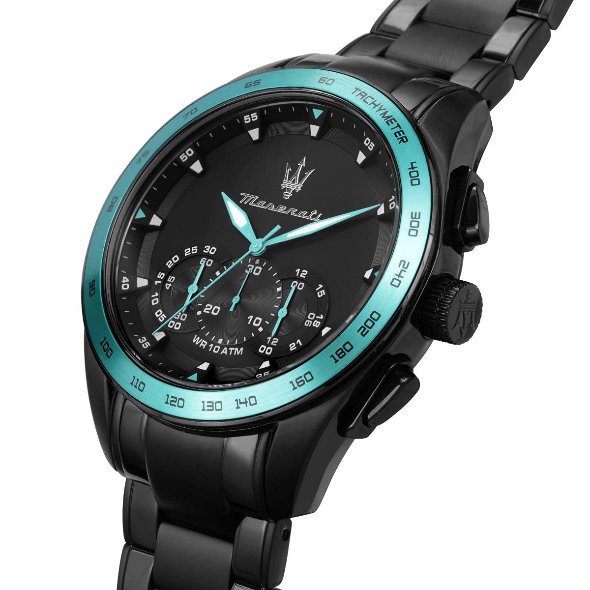 Maserati Traguardo watch angled view with turquoise bezel, black dial and chronograph subdials