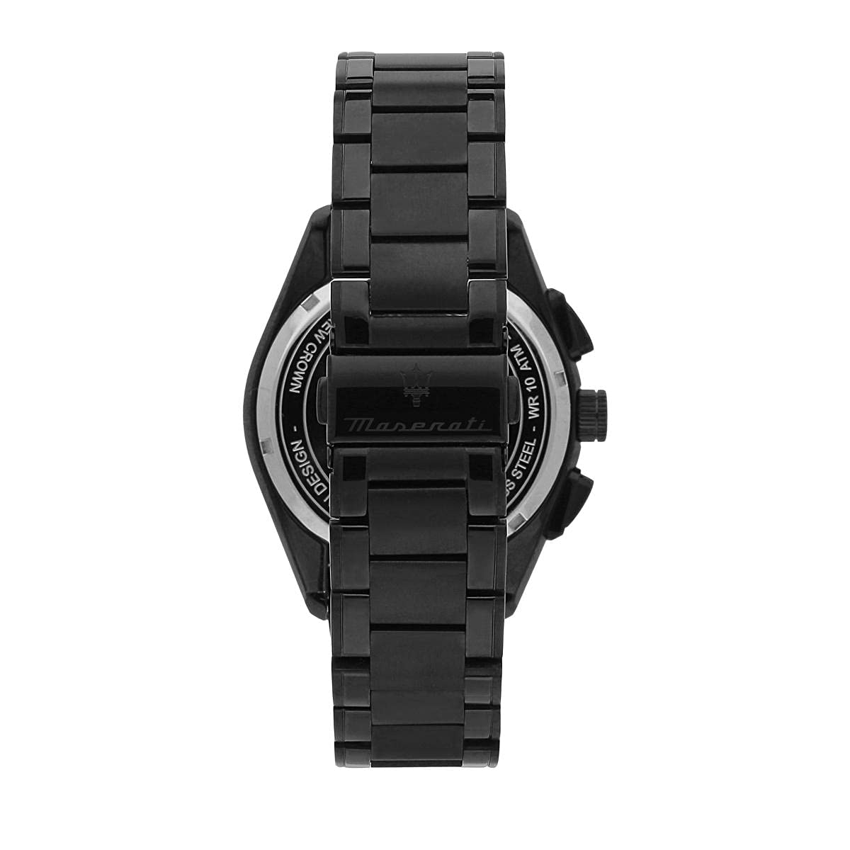 Maserati Traguardo caseback view showing black metal bracelet and water resistance marking