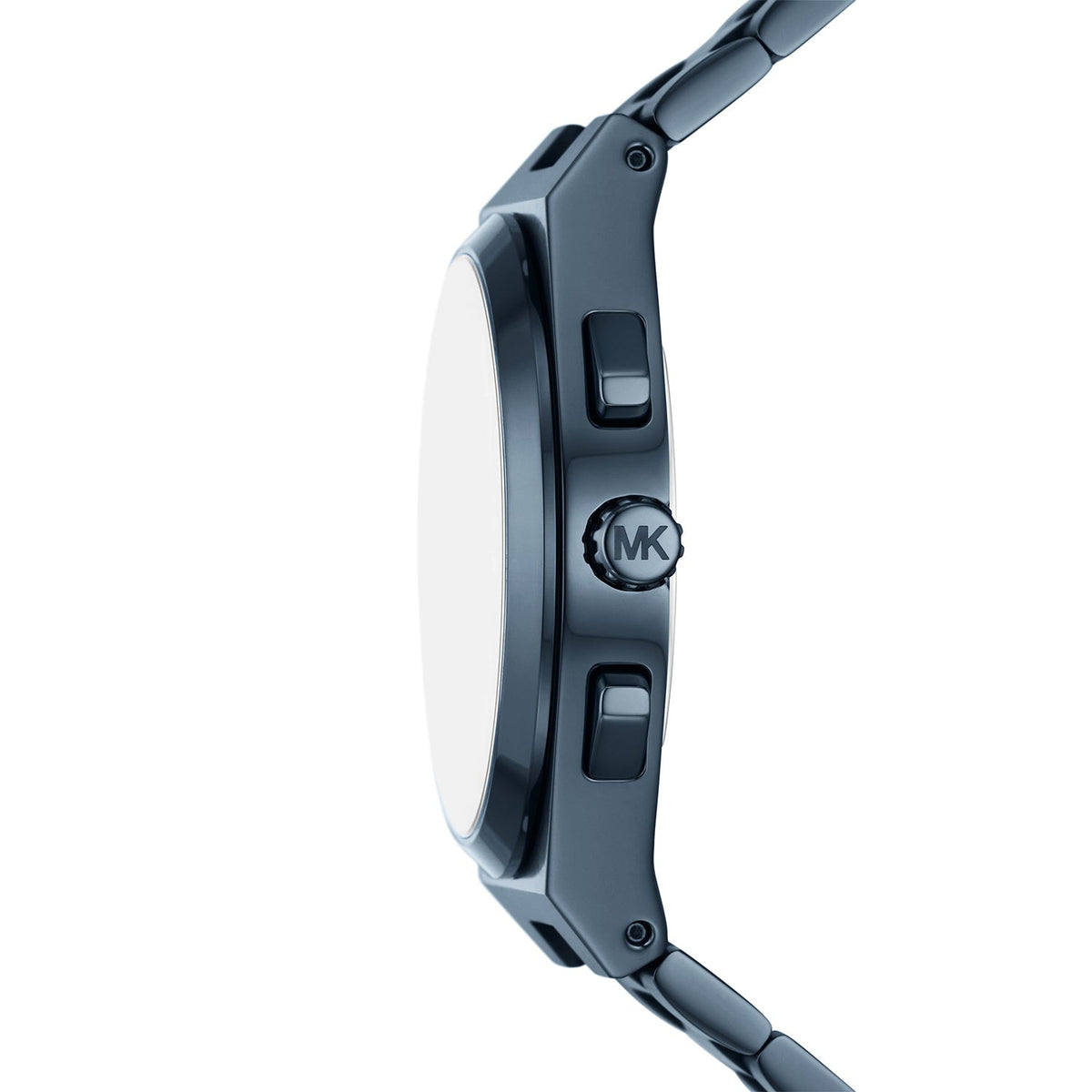 Michael Kors MK9147 Lennox watch side profile showing blue-tone case and controls