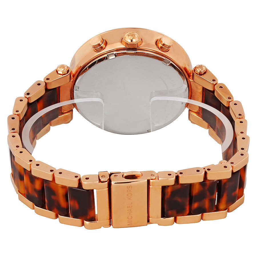 Michael Kors Parker watch caseback view showing rose-gold case back and tortoise acetate bracelet