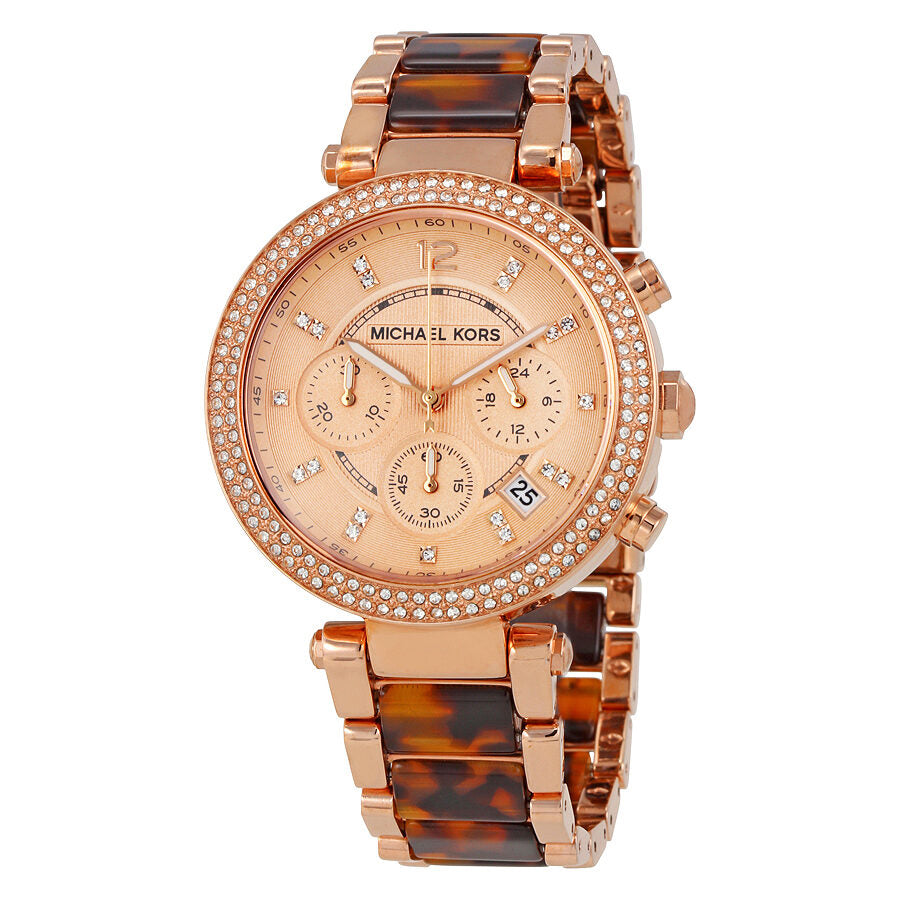 Michael Kors Parker chronograph watch with rose-gold case, tortoise acetate strap, and crystal-set dial