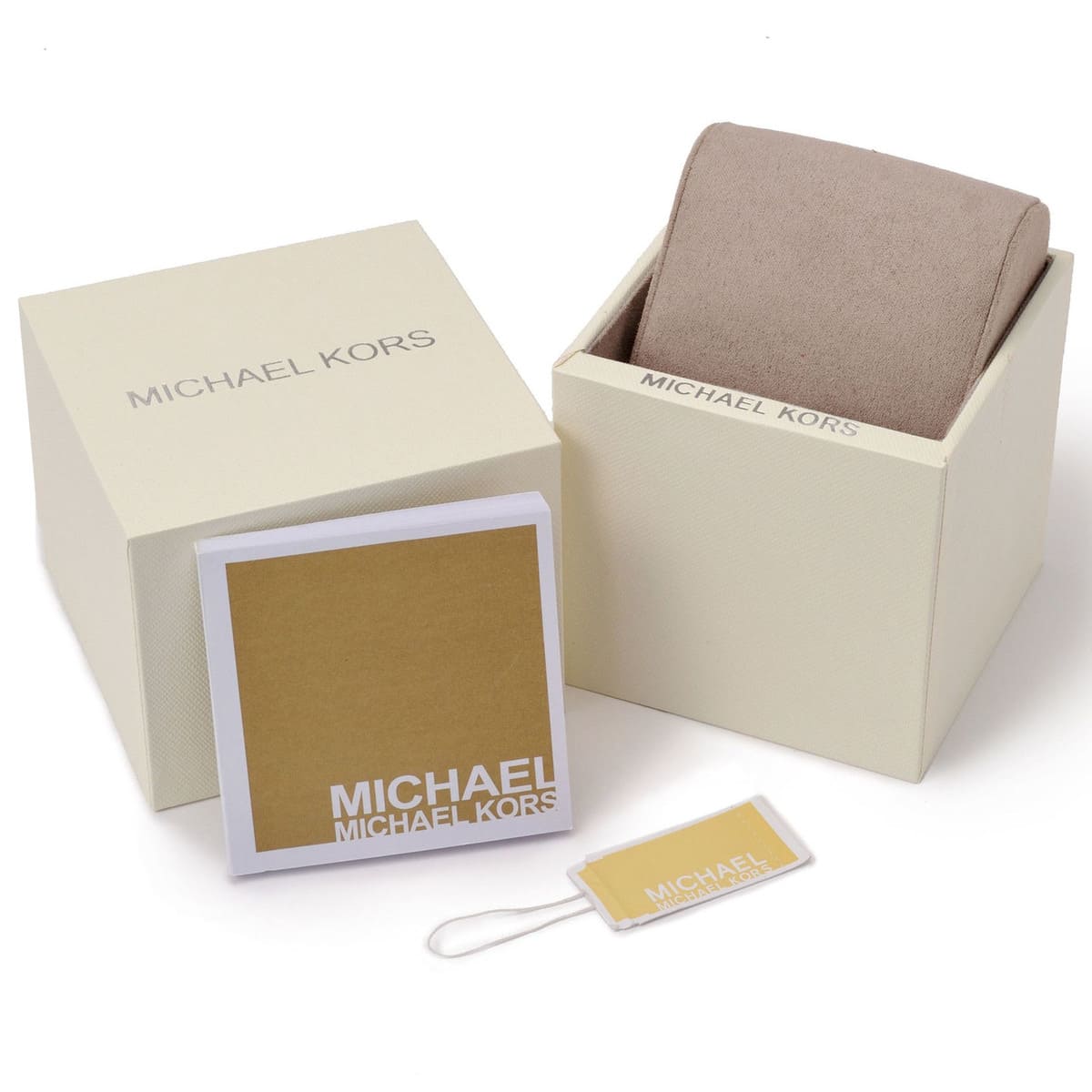 Michael Kors watch packaging including cream box with taupe dust pouch and accessories