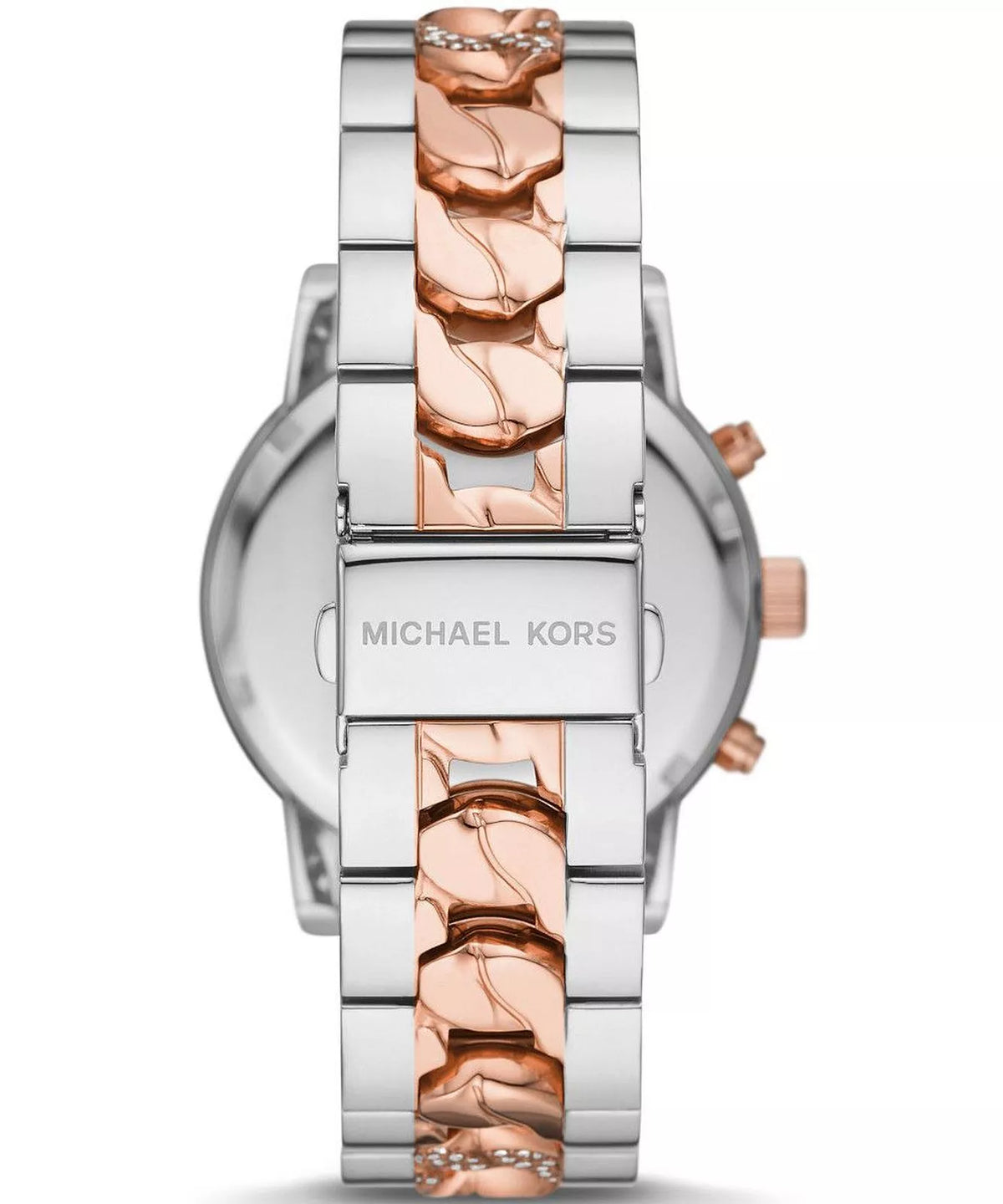 Michael Kors Ritz chronograph watch rear view showing rose gold and silver two-tone bracelet