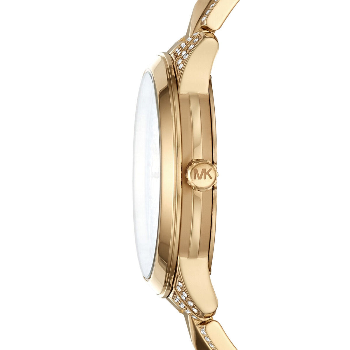 Michael Kors Runway Mercer watch side profile showing case depth and crystal paved bracelet