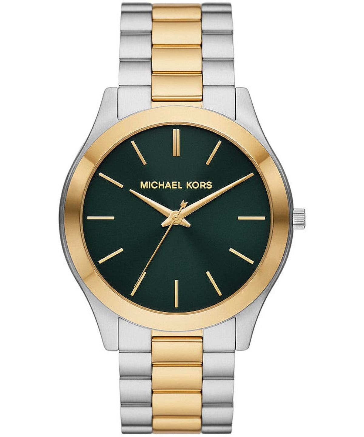 Michael Kors Slim Runway quartz watch, front view with green dial and mixed metal bracelet