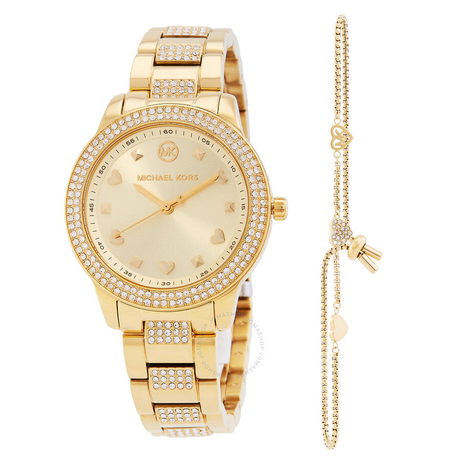 Michael Kors Tibby Quartz Crystal Gold Dial Ladies Watch and Bracelet Gift Set - Dawson Watches