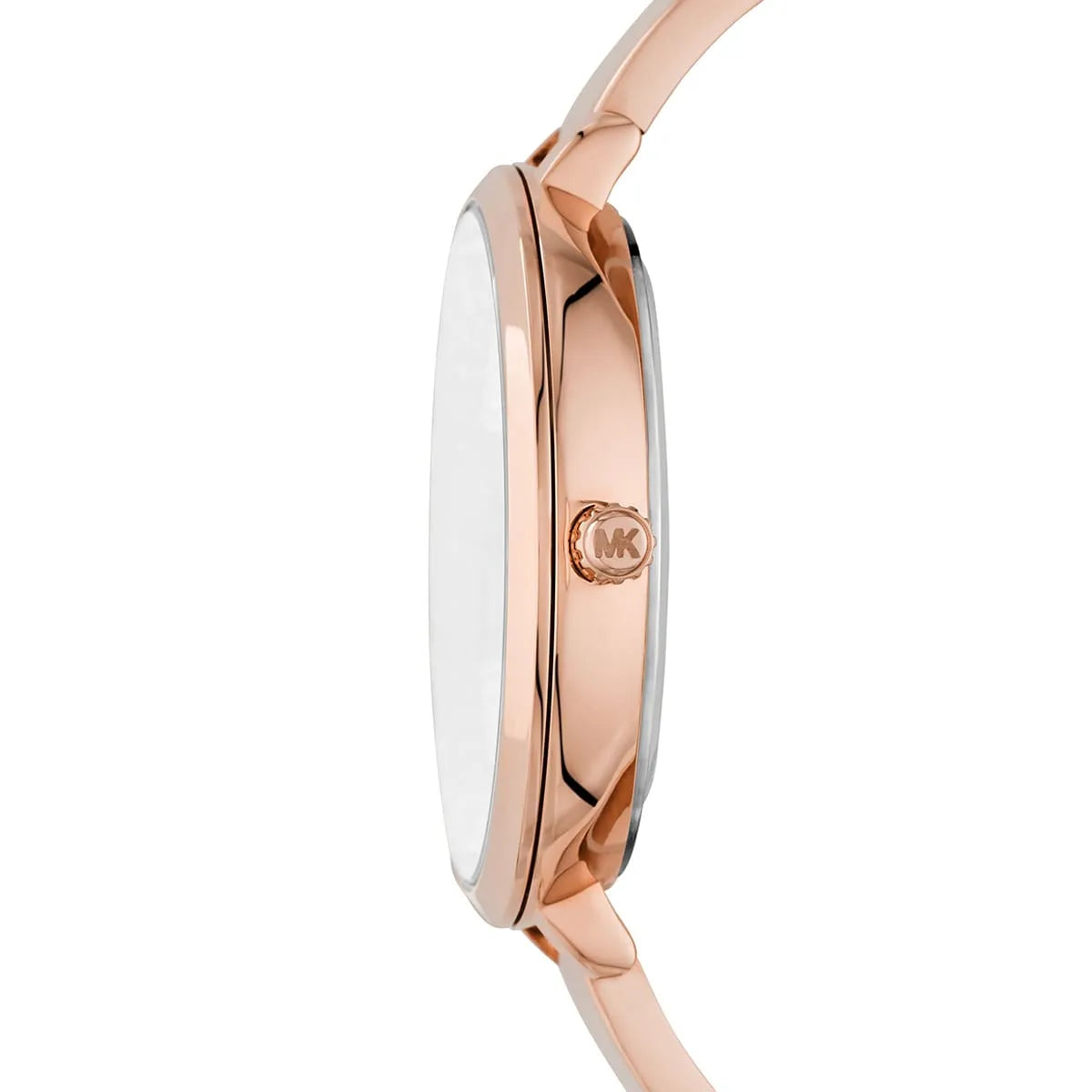 Side view of Michael Kors Charley Pavé watch showing rose gold half-bangle strap and case profile